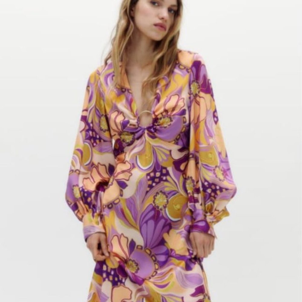 Zara orange purple print multi long sleeve 70s maxi dress size XL